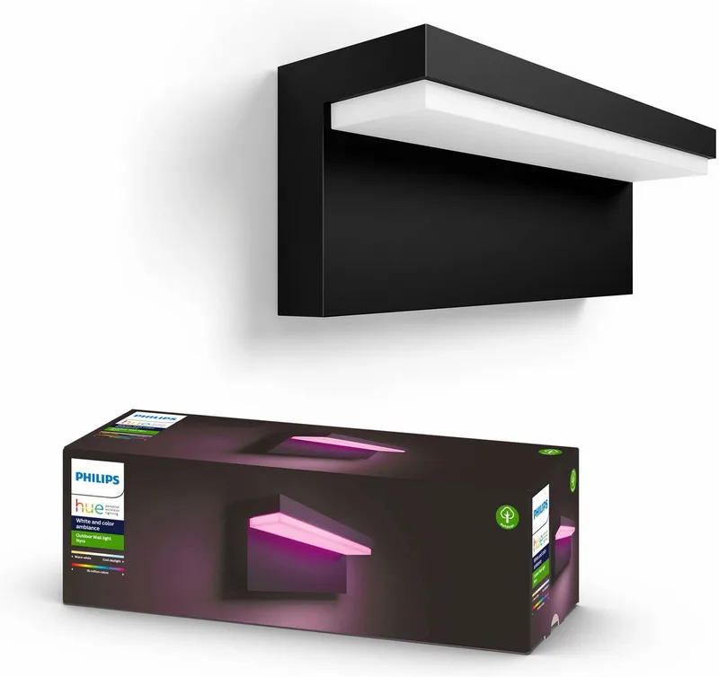 LED Außen-Wandleuchte Outdoor White & Color Ambiance Nyro, Abschaltautomatik, Bluetooth, CCT - über Fernbedienung, Dimmfunktion, Einschlafhilfe, Farbsteuerung, Farbwechsel, Memory, nach Trennung vom Netz, Nachtlichtfunktion, RGB, Smart Home, Timerfunktion, Weckerfunktion, dimmbar über Fe van Philips Hue in Zwart – productfoto 1 van 5