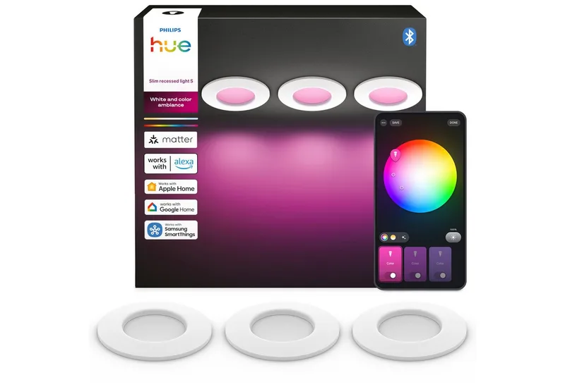 LED Deckenspot Slim Downlight Einbauleuchte, Abschaltautomatik, Bluetooth, CCT - über Fernbedienung, Dimmer, Dimmfunktion, Farbsteuerung, Farbwechsel, Leuchtdauer einstellbar, Memoryfunktion, Nachtlichtfunktion, RGB, Smart Home, Timerfunktion, Weckerfunktion, dimmbar über Fernbedienung by Philips Hue in White – product photo 1 of 5