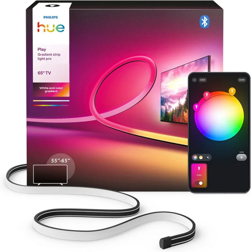 LED-Streifen Play Gradient Lightstrip Pro wahlweise für 65/85/100 Zoll TV, Zuschneidbar, RGBWWIC, weiche Farbverläufe, TV-Synchronisation de Philips Hue en Noir – photo produit 1 sur 5