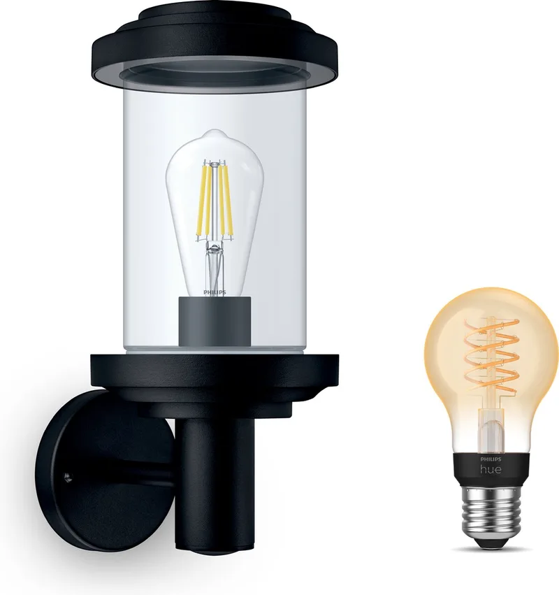 Listra Wandlamp voor Buiten Opwaarts - Buitenlamp - E27 - Warmwit Licht - Hue White Filament de Philips Hue en Noir – photo produit