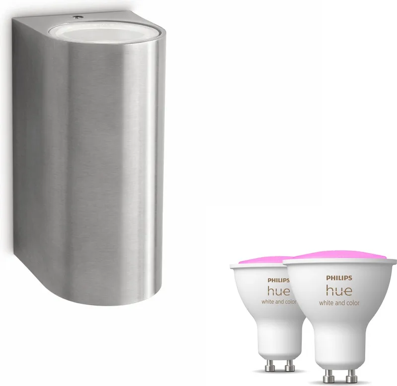 Nightingale Wandlamp voor Buiten Up & Down - Buitenlamp - GU10 - Wit en Gekleurd Licht - Hue White and Color Ambiance van Philips Hue in Roestvrij Staal – productfoto