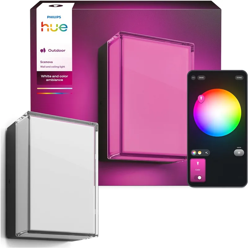 Scenova muur- en plafondlamp - tuinlamp - aanpasbaar wit en gekleurd licht -- rechthoek - IP44: weer- en windbestendig - slimme verlichting by Philips Hue in Black – product photo