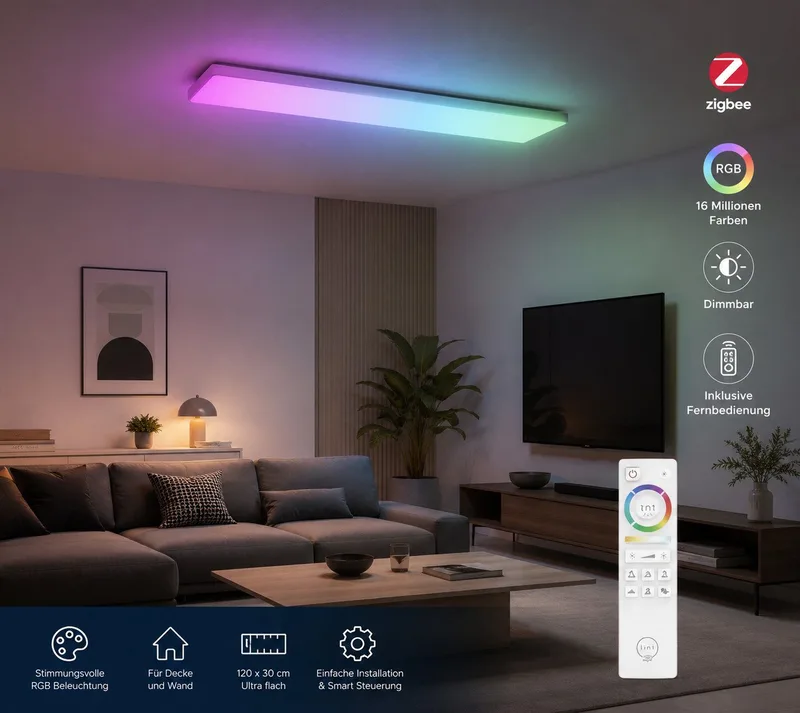 LED Deckenleuchte Deckenlampe Decken Panel RGB Decken Wandleuchte mit FB 120x30, LED Panelleuchte Farbwechsel Lampe Wohnzimmerlampe Flurleuchte van tint in Wit – productfoto 3 van 5