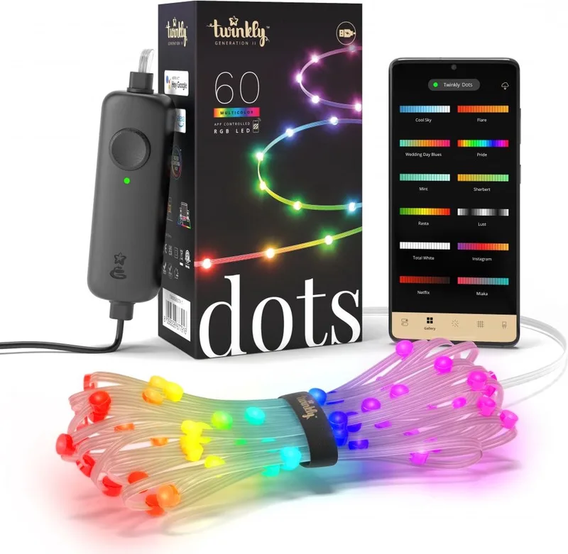 Dots – App-gestuurd flexibel LED lichtsnoer 60 RGB (16 Miljoen Kleuren) 3 meter transparant draad van Twinkly – productfoto