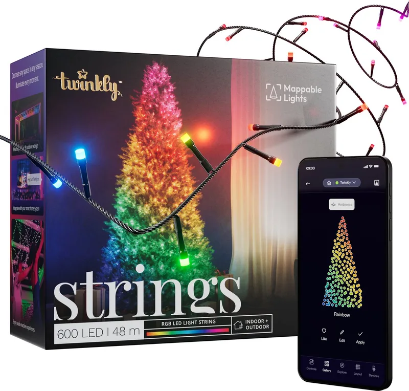 Strings Lichtsnoer - 48M - LED - 600LED RGB - Dimbaar - Binnen & Buiten - Bluetooth of Wifi - Werkt met Homekit, Homey, Google Home en Razer Chroma - Zwart de Twinkly – photo produit
