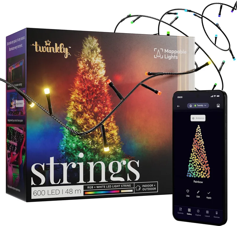 Strings Lichtsnoer - 48M - LED Verlichting - RGB & Warm Licht - Dimbaar - Binnen & Buiten - Bluetooth Wifi - Werkt met Homekit, Homey, Google Home, Razer Chroma - Zwart by Twinkly – product photo