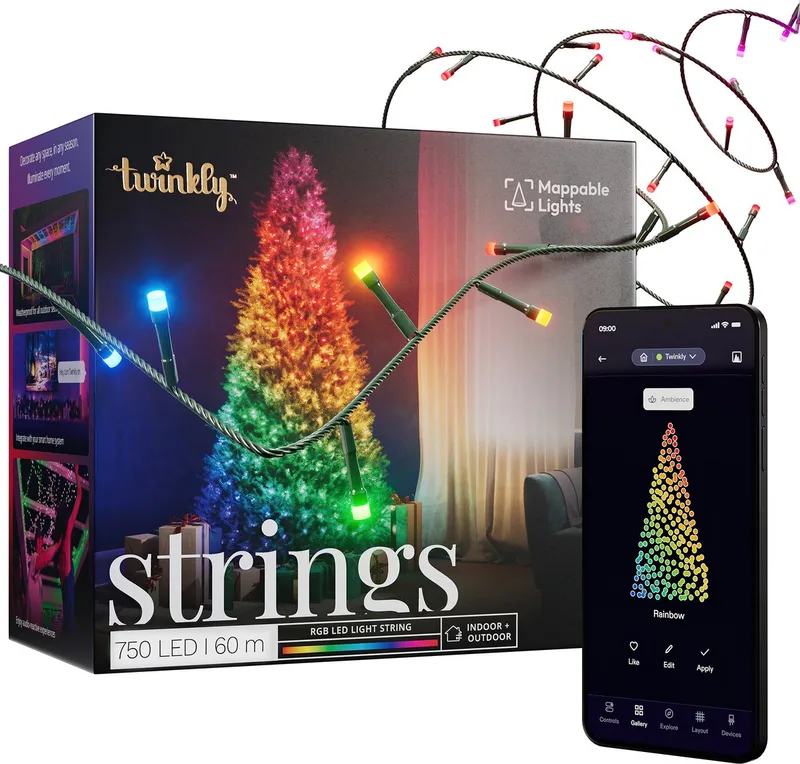 Strings Lichtsnoer - 60M - LED - 750LED RGB - Dimbaar - Binnen & Buiten - Bluetooth of Wifi - Werkt met Homekit, Homey, Google Home en Razer Chroma - Zwart de Twinkly – photo produit
