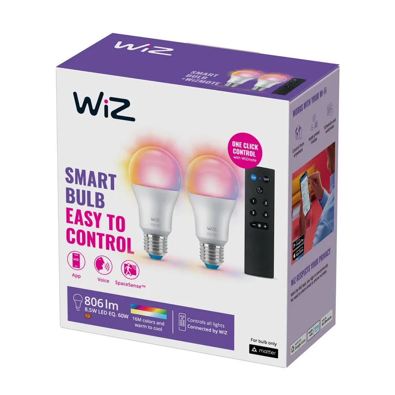 A60 LED mat WiFi E27 8,5W RGBW afstandsbediening set van 2 van WiZ – productfoto 1 van 5