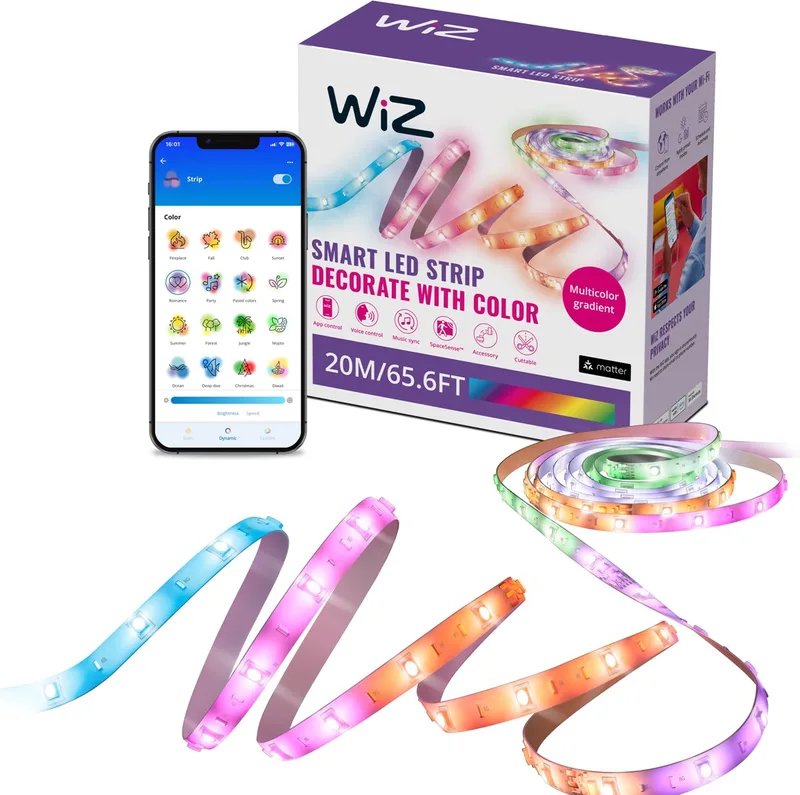 LED strip - 20 meter - RGBIC - Makkelijke installatie - Gekleurd en licht - Muzieksynchronisatie - RGBIC; meerdere kleuren tegelijk by WiZ in White – product photo 1 of 2